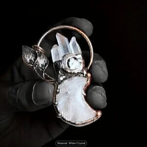 Crescent Moon Shape  Leaf Crystal Stone Medieval Medallion Witch Pendant